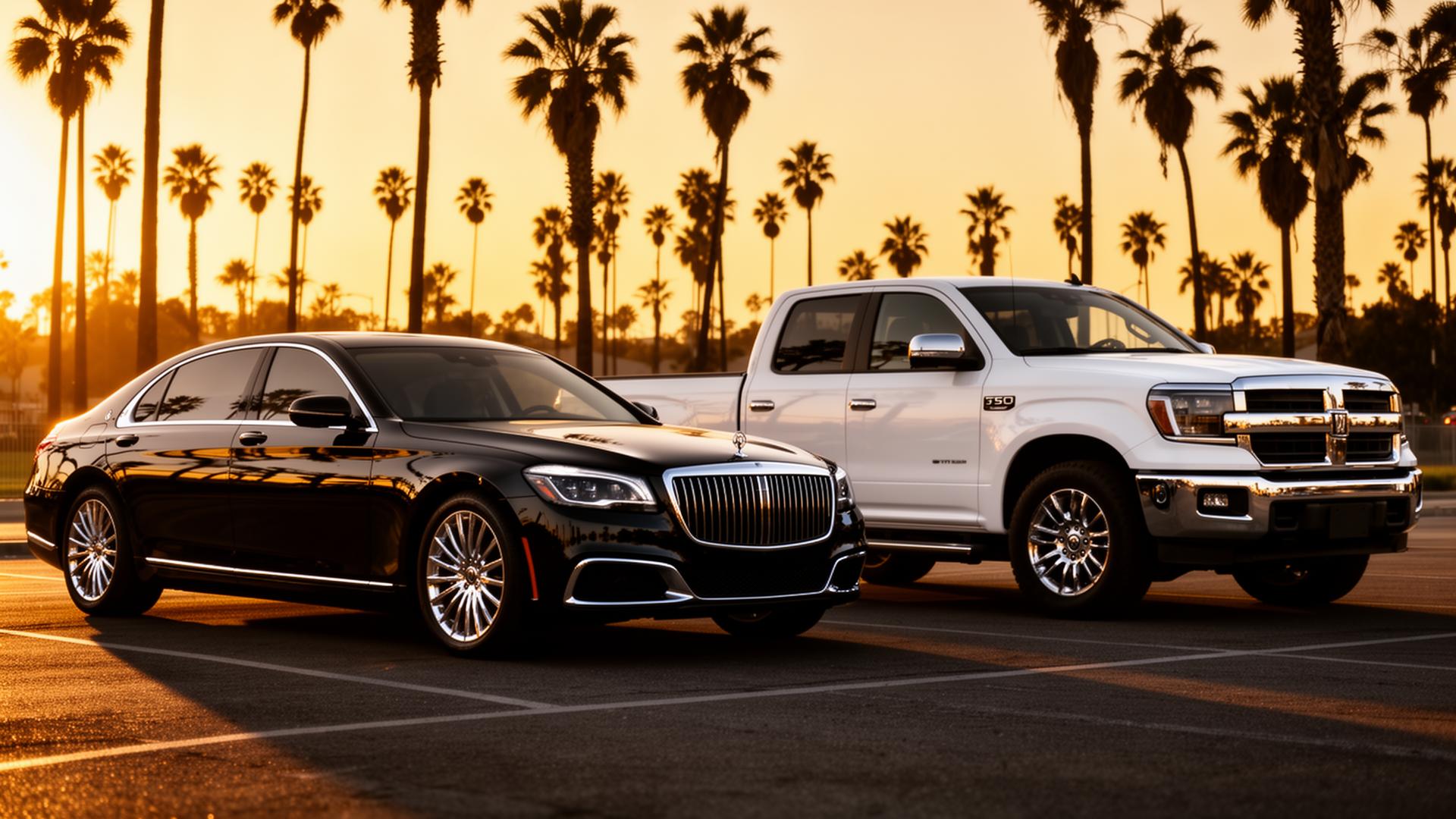 Glossy black sedan and white pickup truck under golden California sunset
